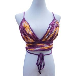 Crop Top PANSY BARBIECORE PURPLE GOLD Crochet Festival Cotton C CUP Adj Sizes